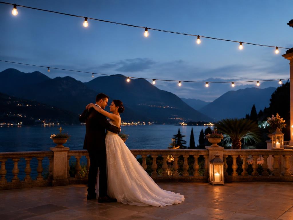 Couple dancing on a Lake Como terrace at blue hour