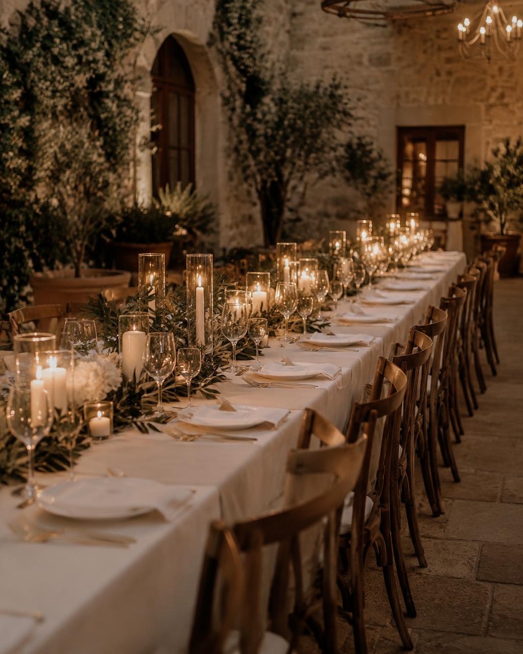 Candlelit banquet table in a stone courtyard